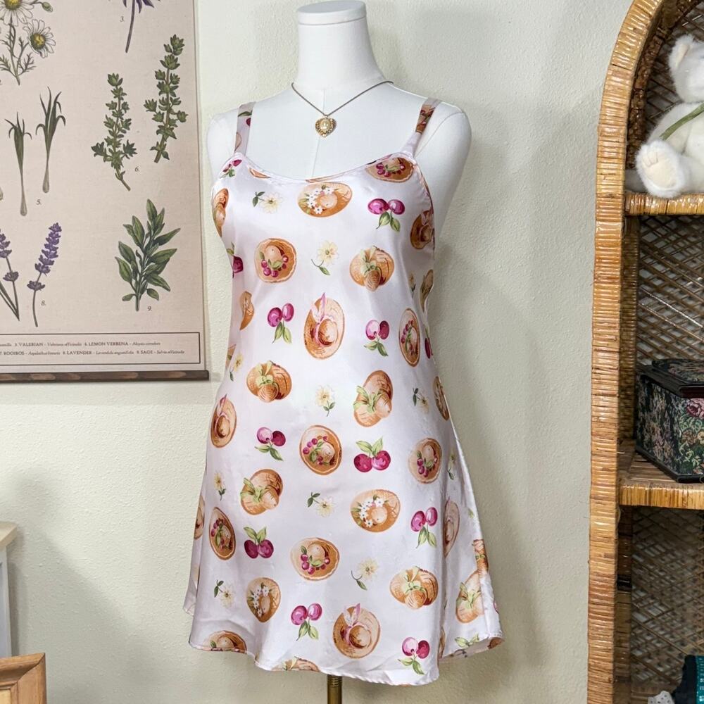 Vintage 90s Y2k Cherry Satin Slip Dress Garden Party Cottage Prairie Dolly Kei L